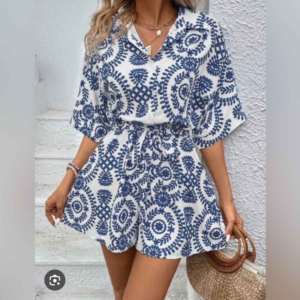 BLUE MANDALA PRINTED SHORT SLEEVE BELTED SHIRT ROMPER | Size S